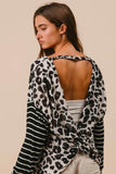 Leopard Knit Top with Twist Back and Striped Sleeves for Stylish Comfort - EBYNN