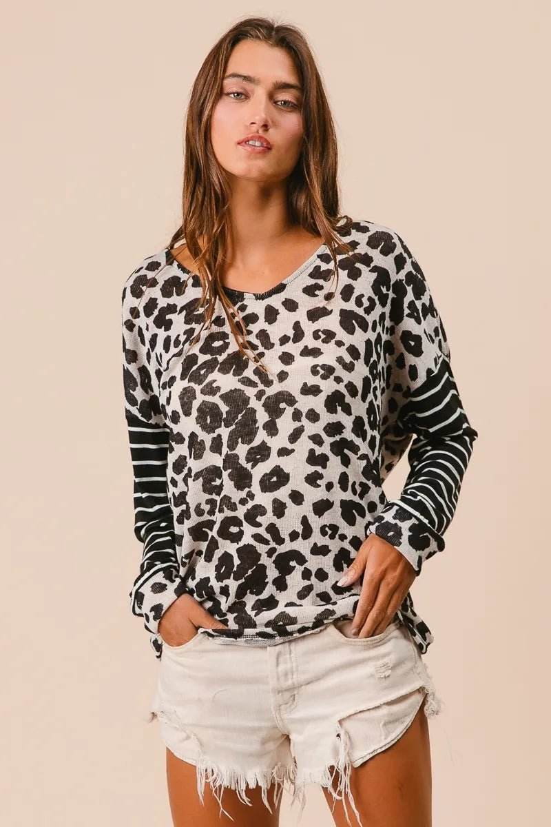 Leopard Knit Top with Twist Back and Striped Sleeves for Stylish Comfort - EBYNN