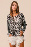 Leopard Knit Top with Twist Back and Striped Sleeves for Stylish Comfort - EBYNN