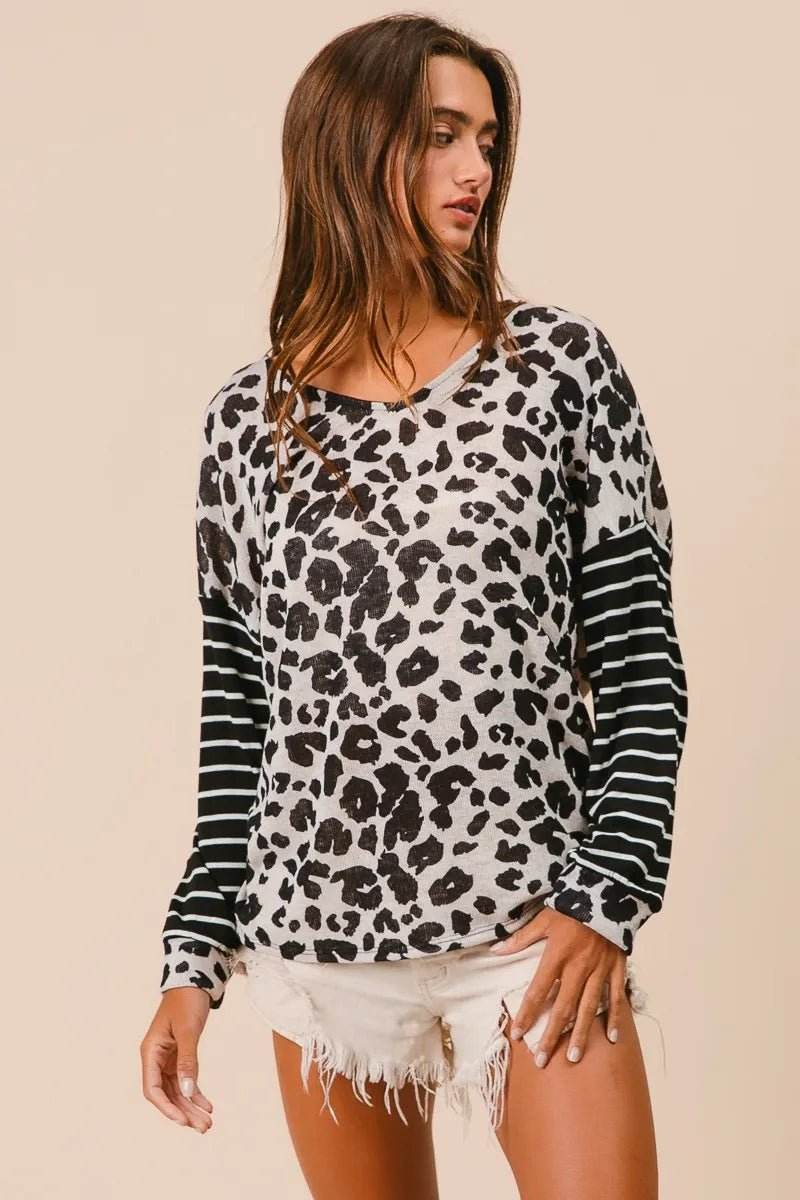 Leopard Knit Top with Twist Back and Striped Sleeves for Stylish Comfort - EBYNN