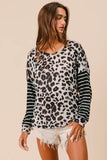 Leopard Knit Top with Twist Back and Striped Sleeves for Stylish Comfort - EBYNN
