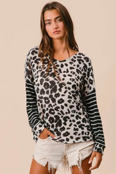 Leopard Knit Top with Twist Back and Striped Sleeves for Stylish Comfort - EBYNN