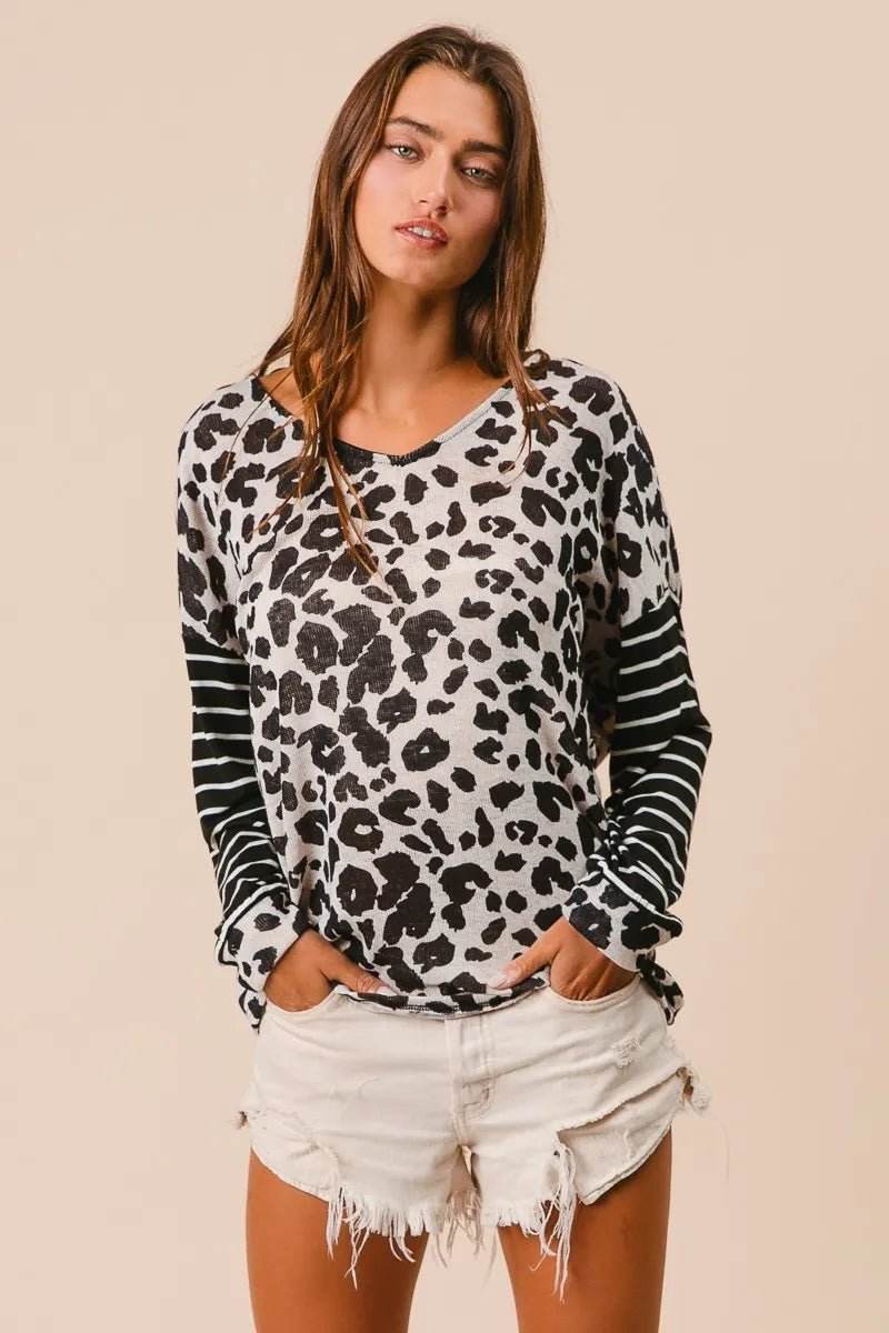 Leopard Knit Top with Twist Back and Striped Sleeves for Stylish Comfort - EBYNN
