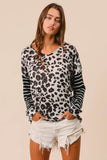Leopard Knit Top with Twist Back and Striped Sleeves for Stylish Comfort - EBYNN