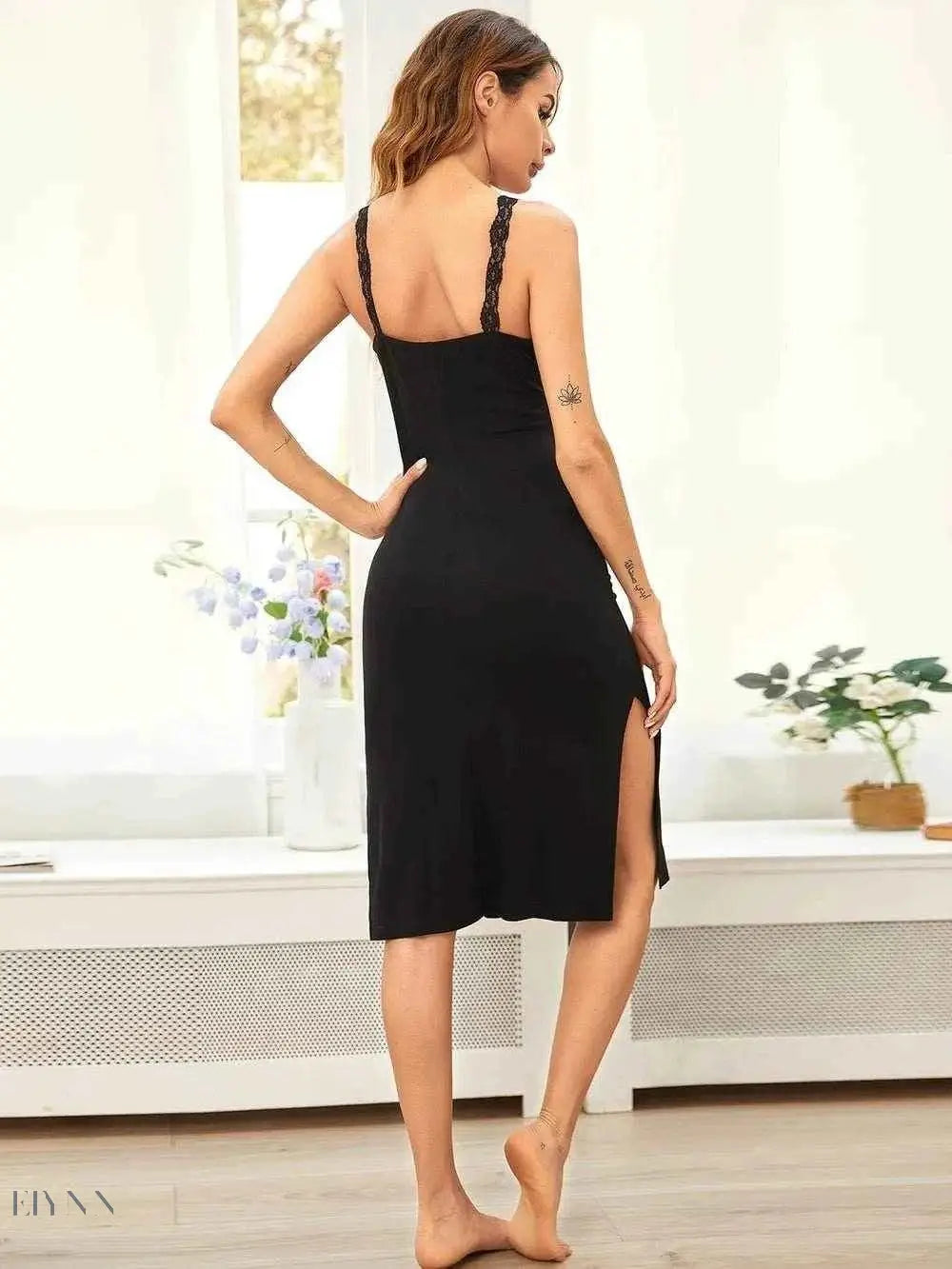 Lace V-Neck Lounge Dress with Slit Detail - EBYNN