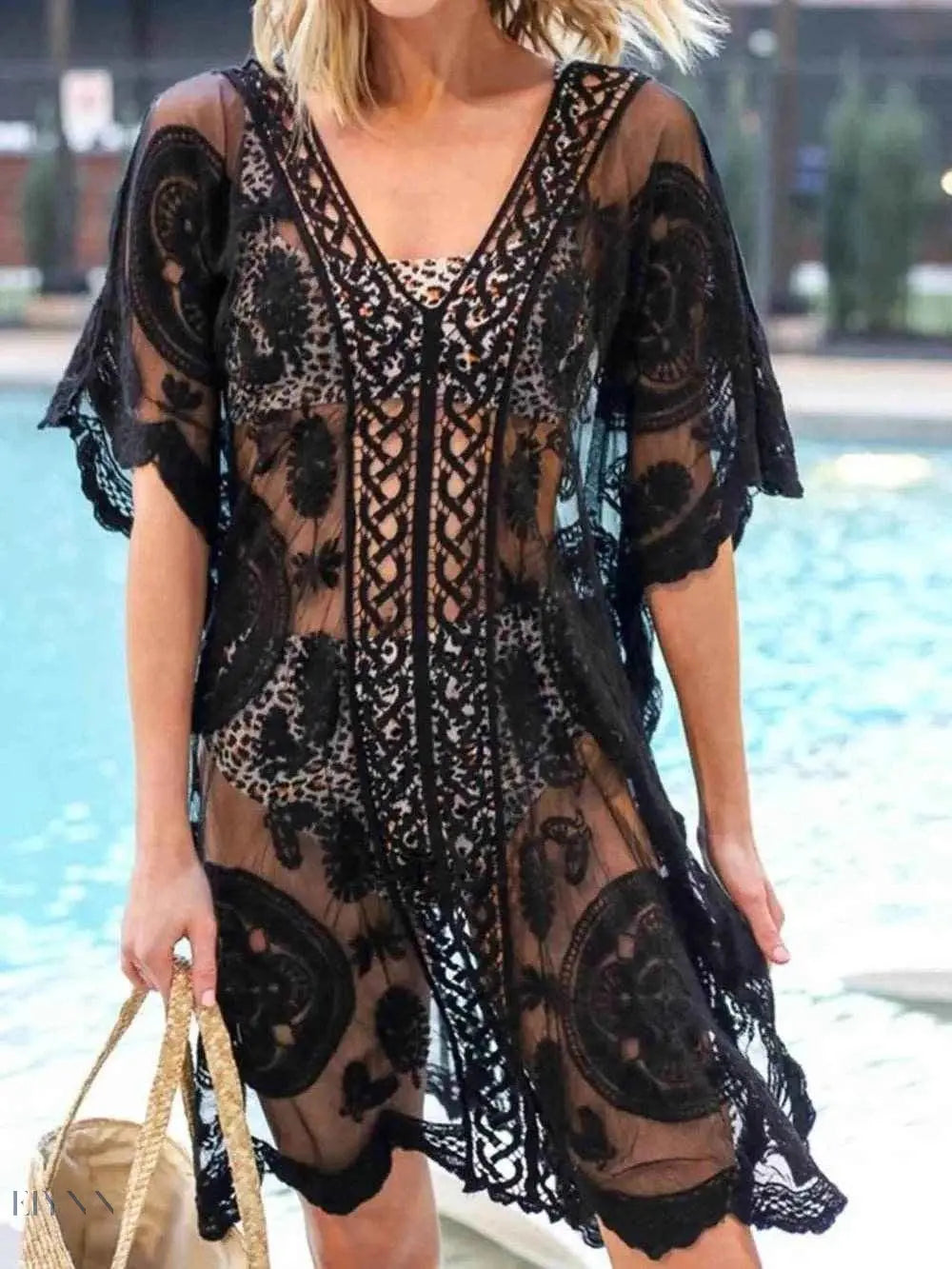 Lace V-Neck Cover Up Sheer Beach Dress - EBYNN