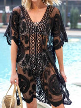 Lace V-Neck Cover Up Sheer Beach Dress - EBYNN