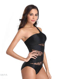 One Shoulder Polka Dot Swimsuit with Mesh Panels - EBYNN