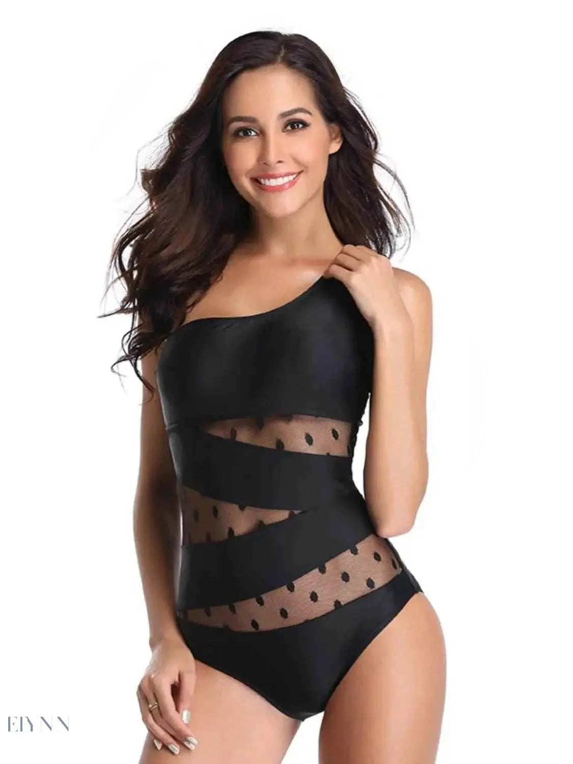 One Shoulder Polka Dot Swimsuit with Mesh Panels - EBYNN