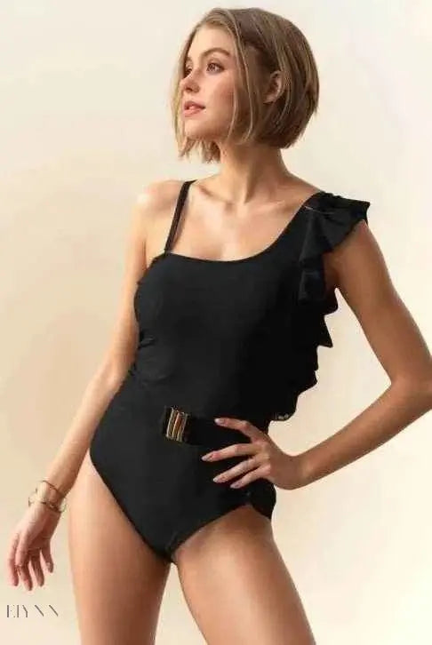 One Shoulder Ruffle Swimsuit with Belt Detail - EBYNN