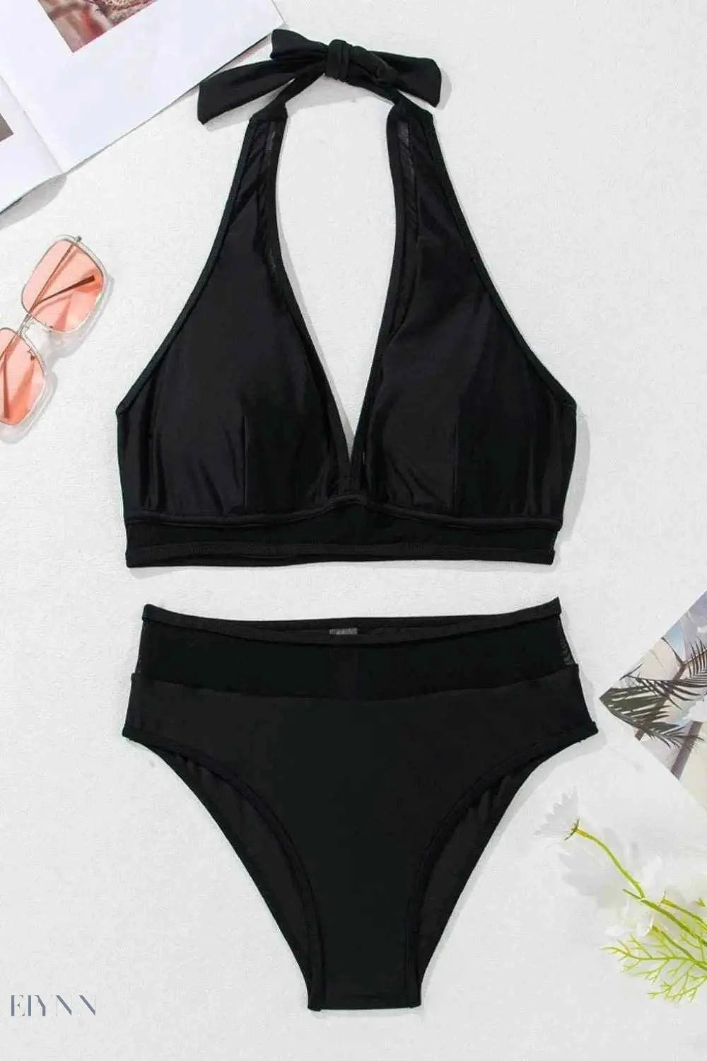 Sheer Mesh Bikini Set - Black Halter for Chic Look and Breathable Comfort - EBYNN