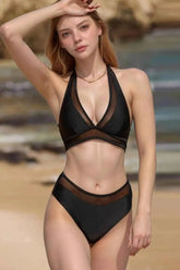 Sheer Mesh Bikini Set - Black Halter for Chic Look and Breathable Comfort - EBYNN