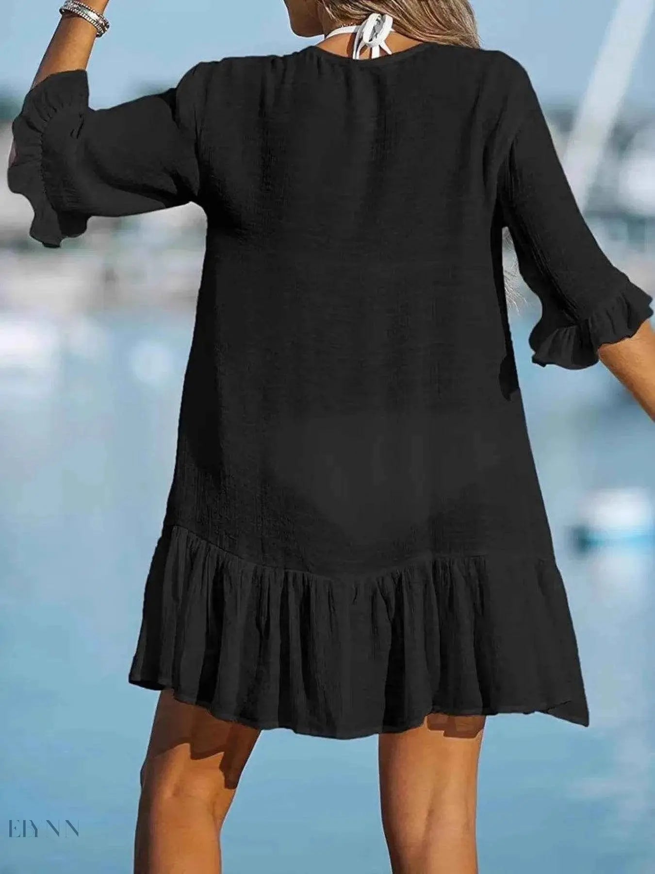 Black V-Neck Beach Cover Up Dress with Buttons - Stylish Summer Essential - EBYNN