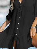 Black V-Neck Beach Cover Up Dress with Buttons - Stylish Summer Essential - EBYNN