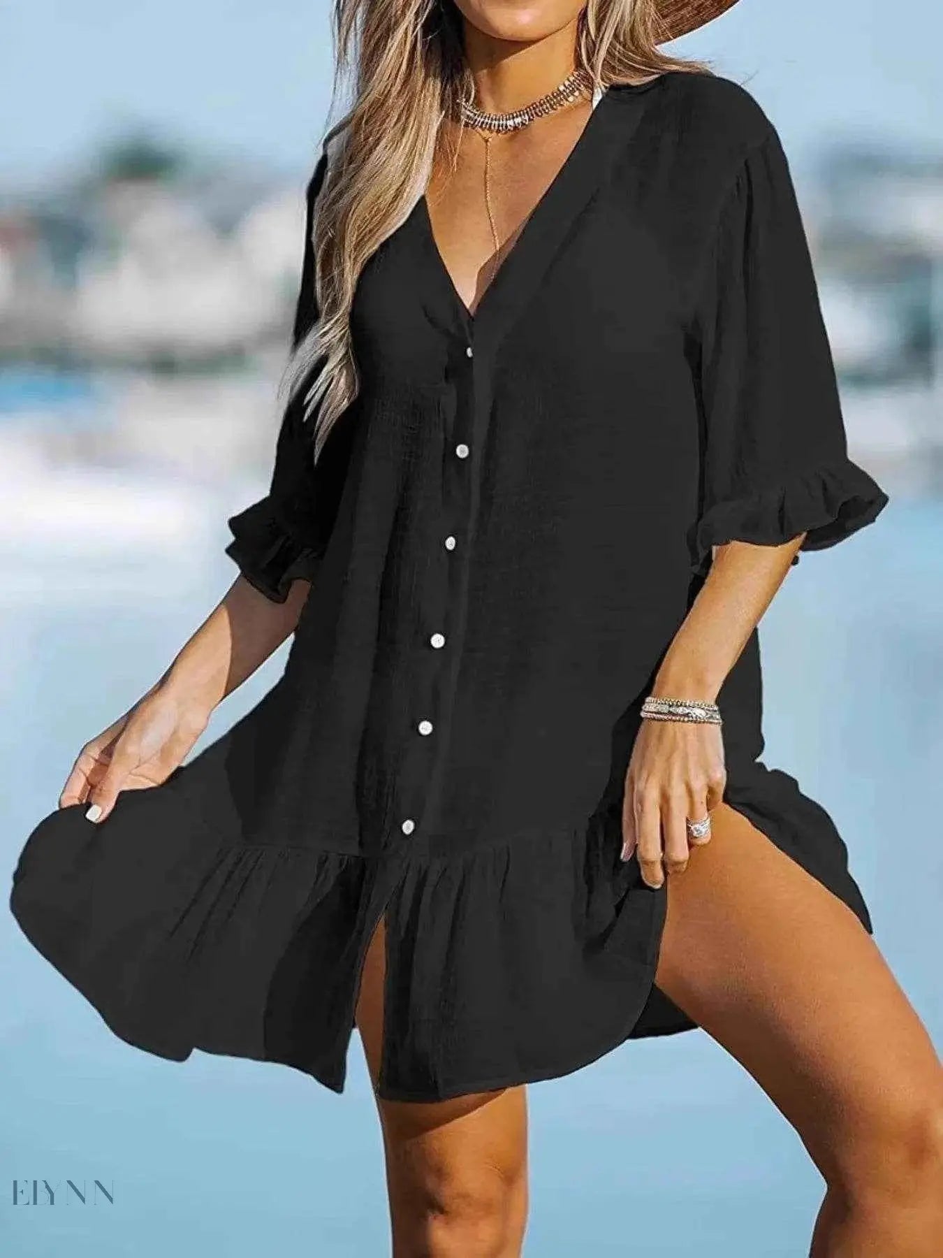 Black V-Neck Beach Cover Up Dress with Buttons - Stylish Summer Essential - EBYNN
