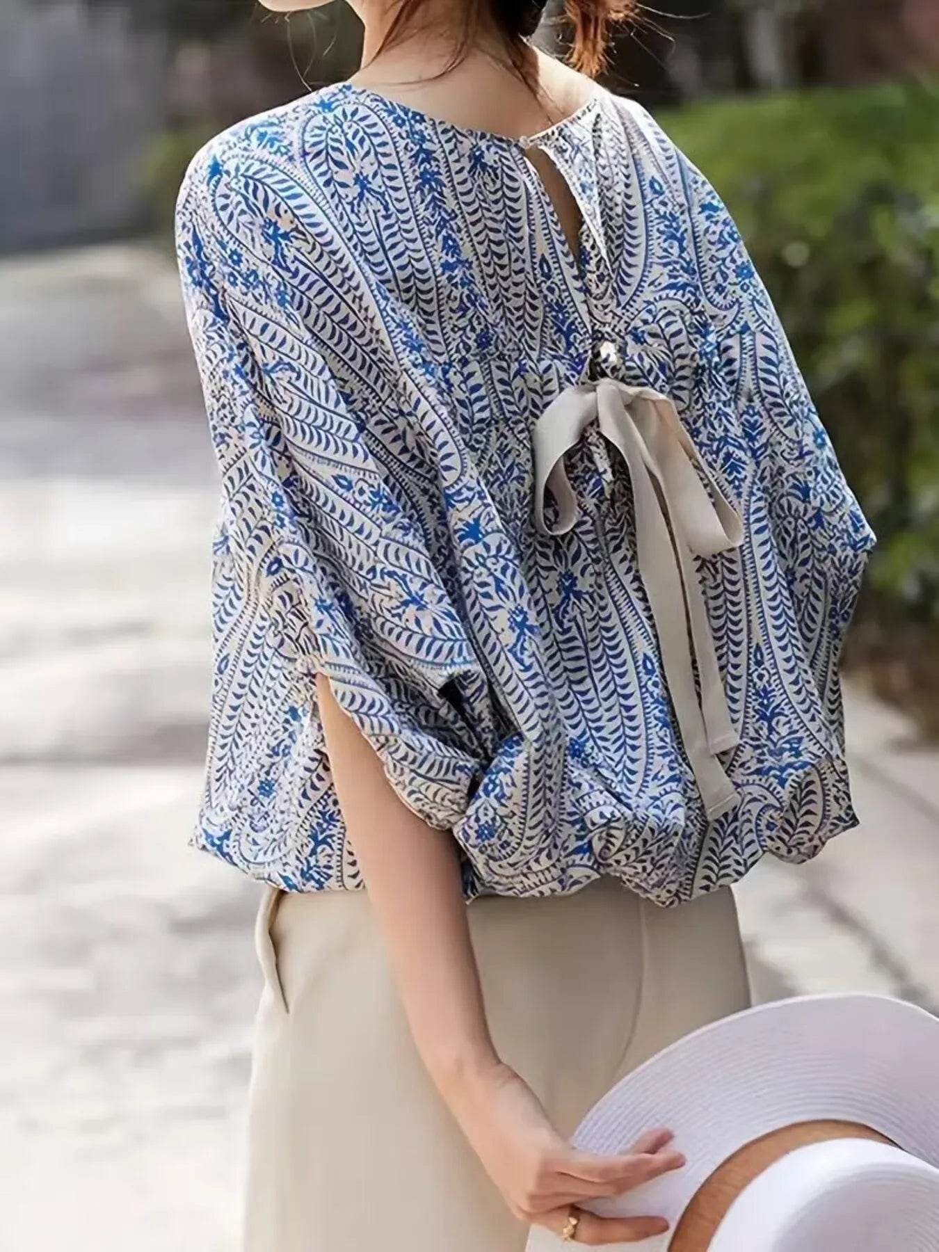 Bohemian Print Blouse with Batwing Sleeves for Effortless Style - EBYNN
