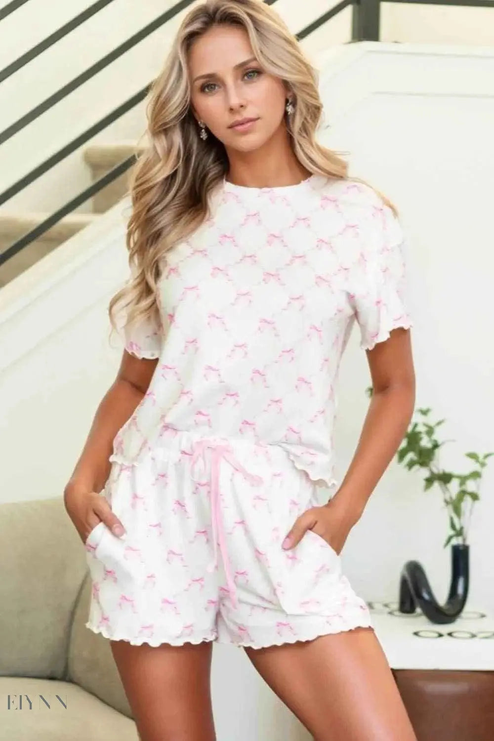 Bow Print Lounge Set with Lettuce Trim Top & Shorts for Ultimate Comfort - EBYNN