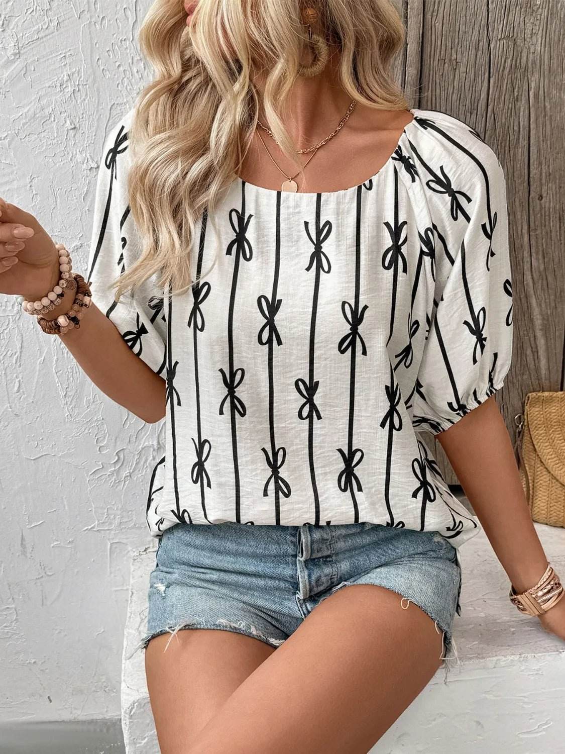 Bow Print Blouse with Puff Sleeves - EBYNN