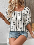 Bow Print Blouse with Puff Sleeves - EBYNN