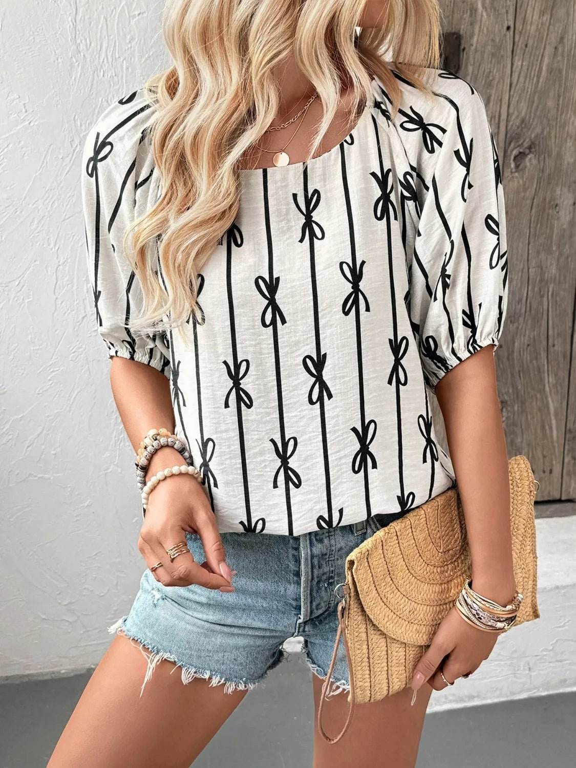 Bow Print Blouse with Puff Sleeves - EBYNN