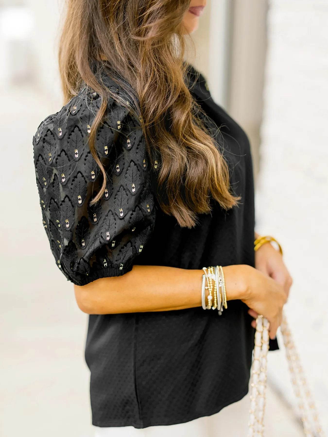 Bubble Sleeve Blouse - Patchwork Textured Fashion Top - EBYNN