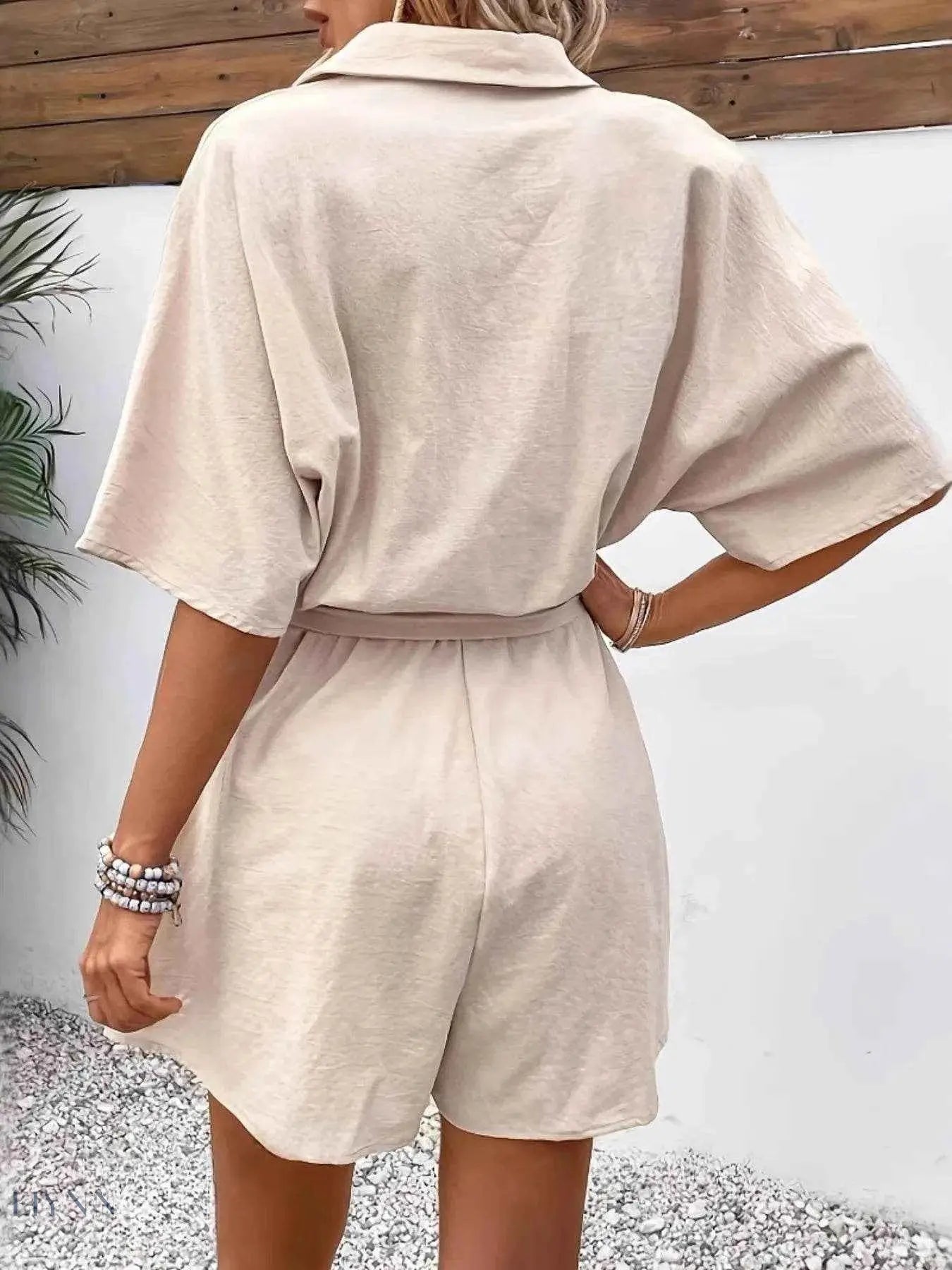 Button Front Romper with Tie Waist Design - EBYNN