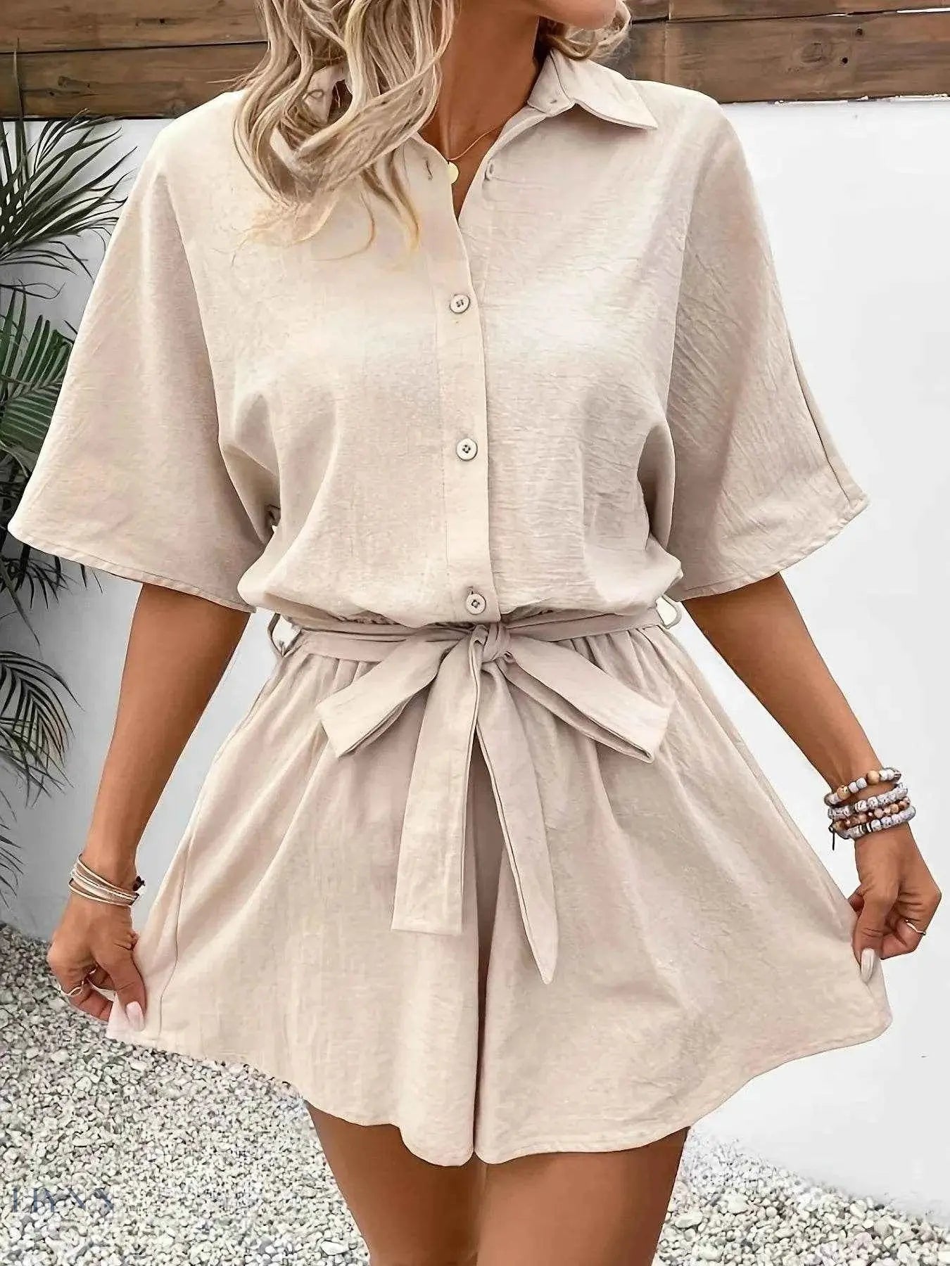 Button Front Romper with Tie Waist Design - EBYNN