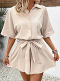 Button Front Romper with Tie Waist Design - EBYNN