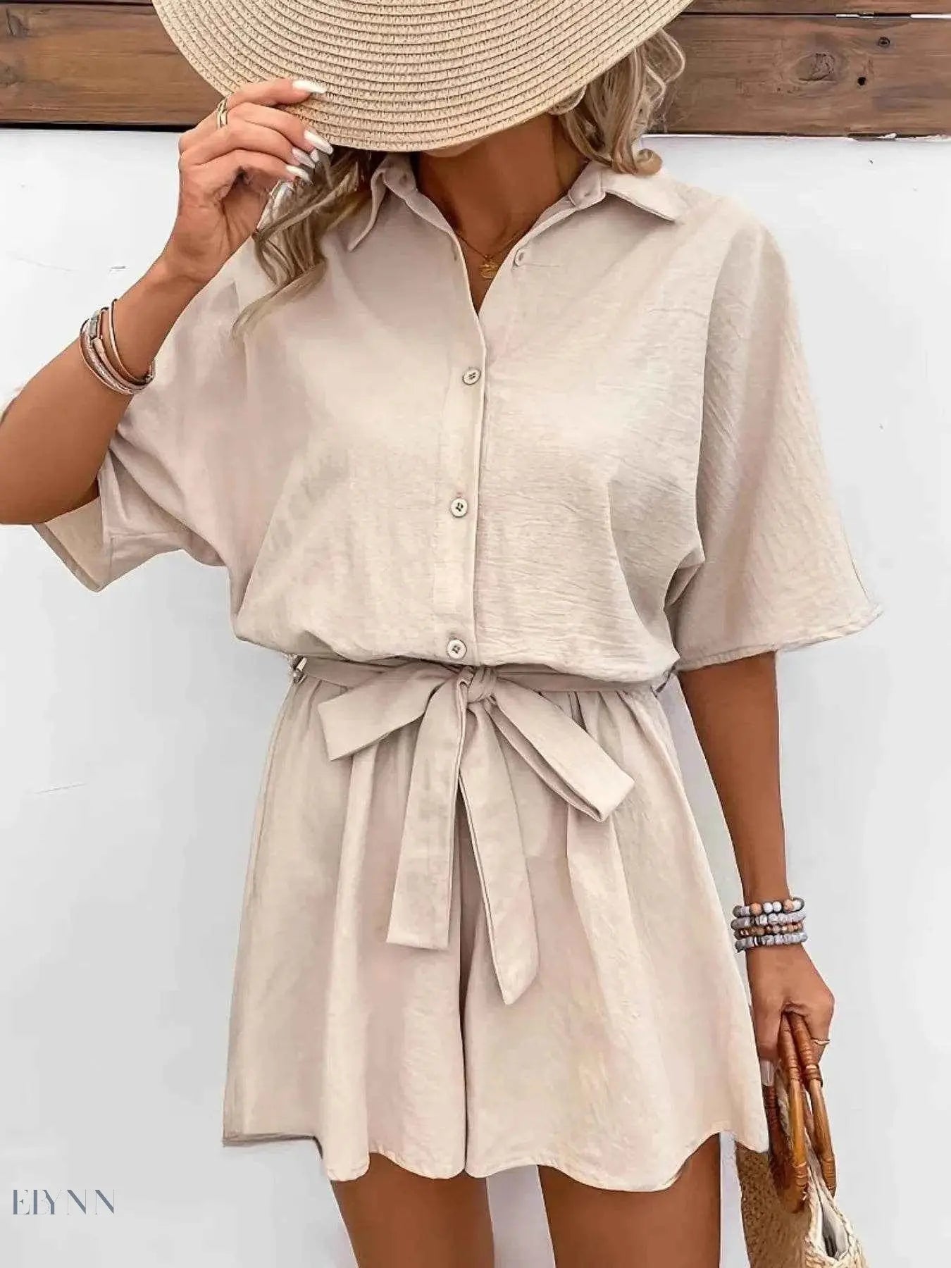 Button Front Romper with Tie Waist Design - EBYNN