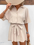 Button Front Romper with Tie Waist Design - EBYNN