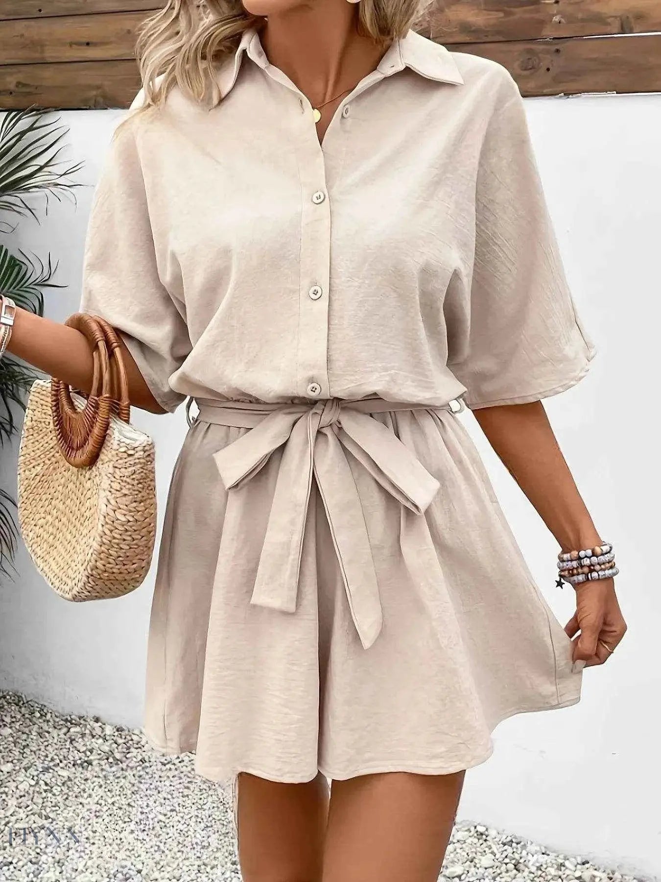 Button Front Romper with Tie Waist Design - EBYNN