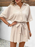 Button Front Romper with Tie Waist Design - EBYNN