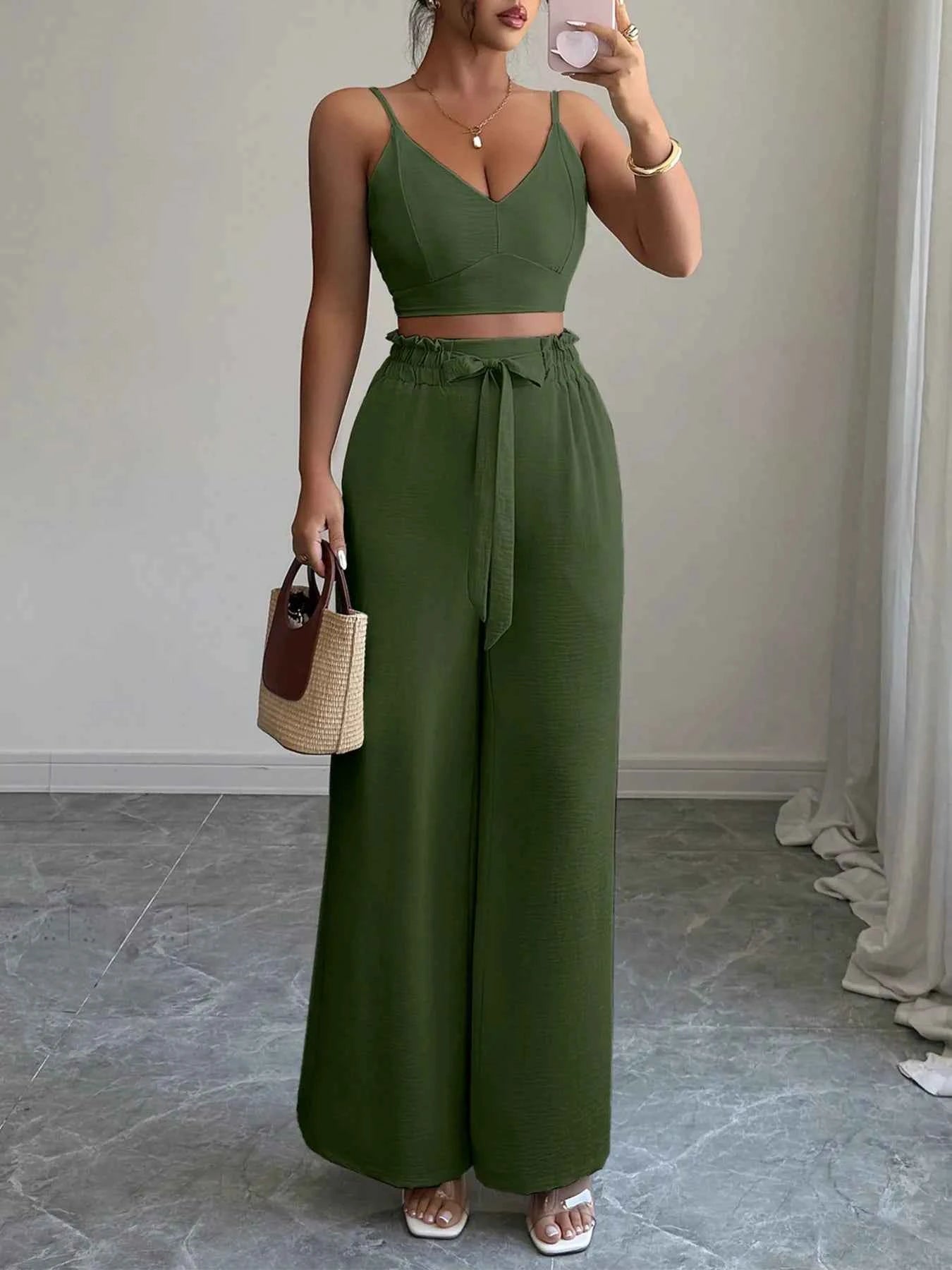 V-Neck Cami and Wide Leg Pants Set.