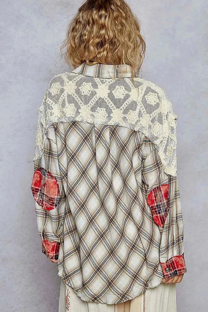 Lace Trim Patchwork Plaid Oversized Shirt.