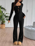 Tie Front Long Sleeve Flare Jumpsuit.