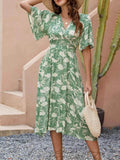 Printed V-Neck Flutter Sleeve Midi Dress.