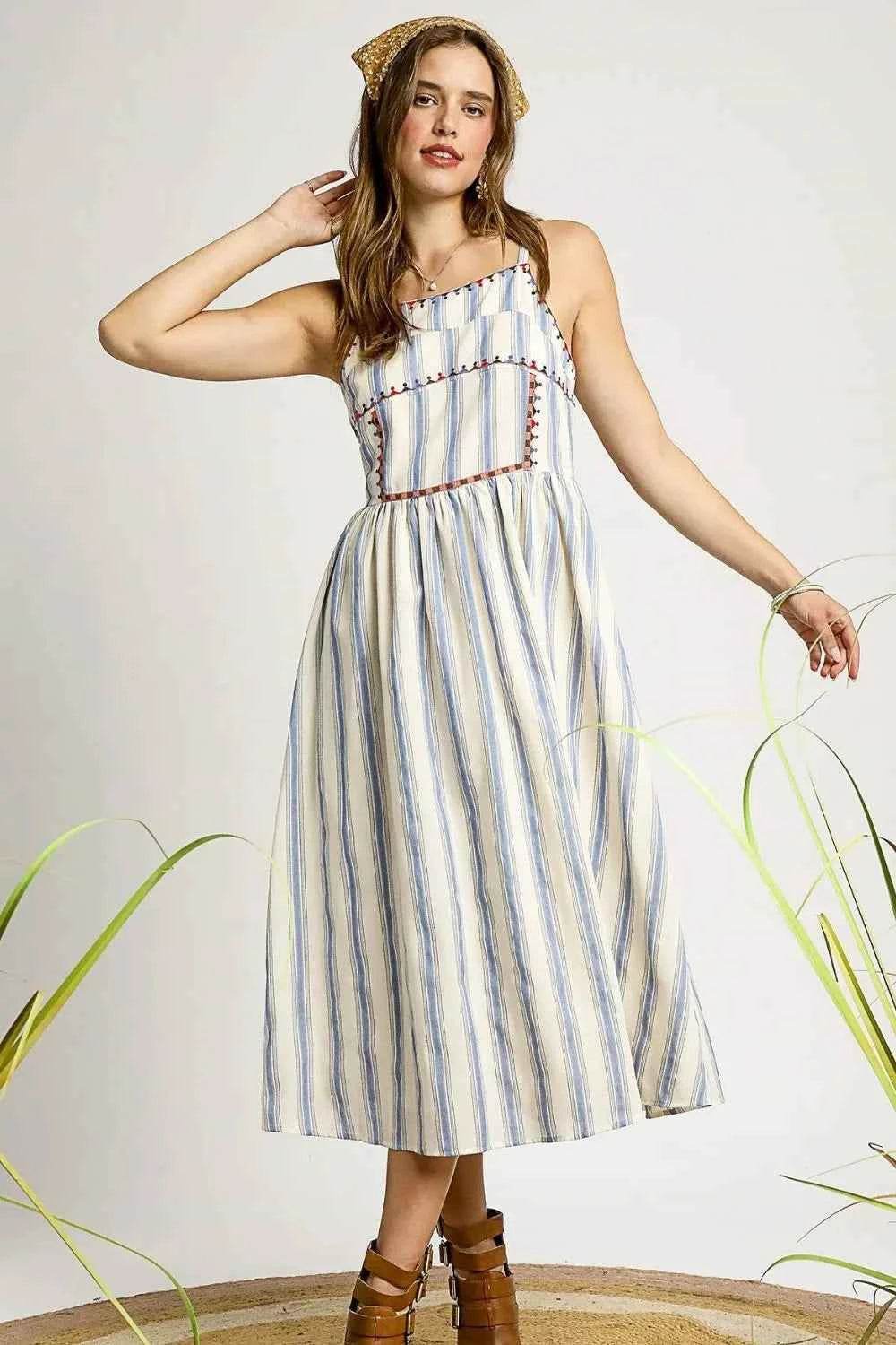 Umgee Striped Cami Dress with Colorful Embroidered Trim - EBYNN