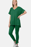 Zenana V-Neck Rolled Short Sleeve T-Shirt and Leggings Set.