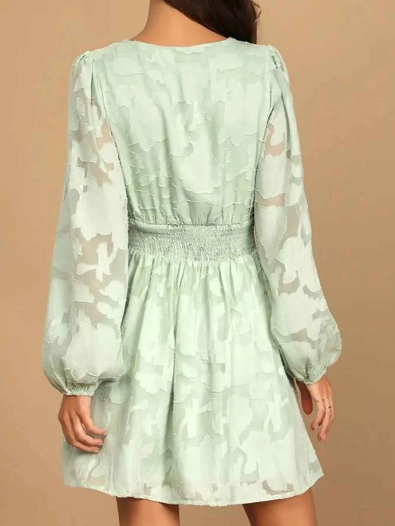 Smocked V-Neck Balloon Sleeve Dress.