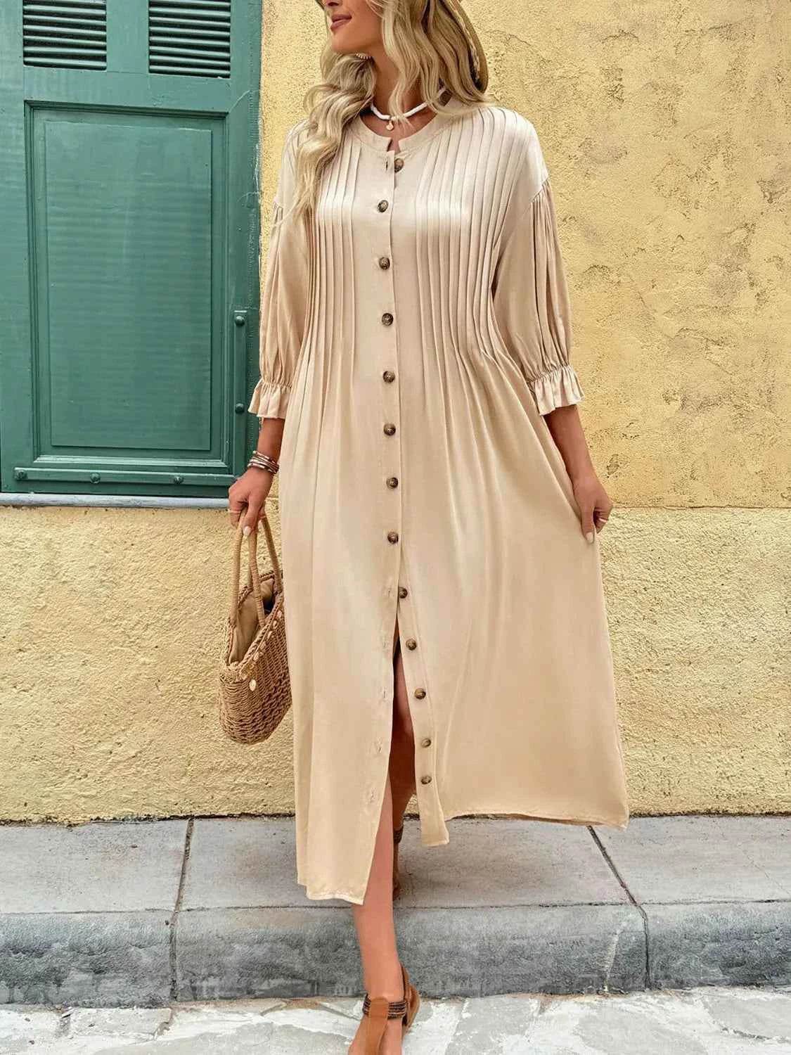 Button Front Flounce Sleeve Dress.