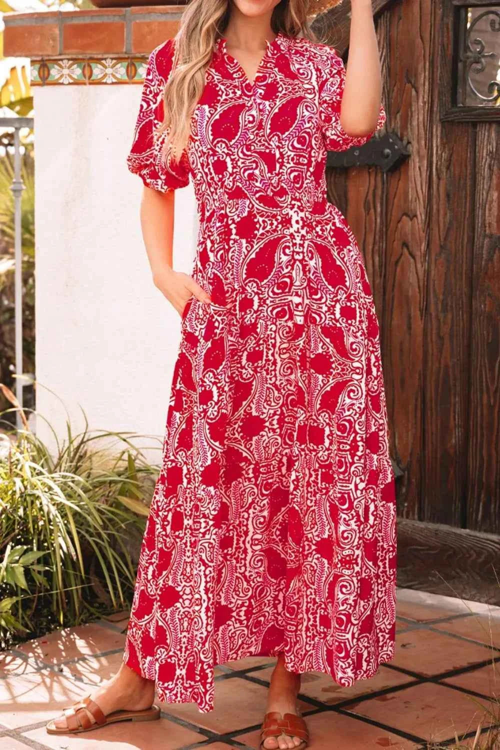 Paisley Print Puff Sleeve High Waist Maxi Dress.