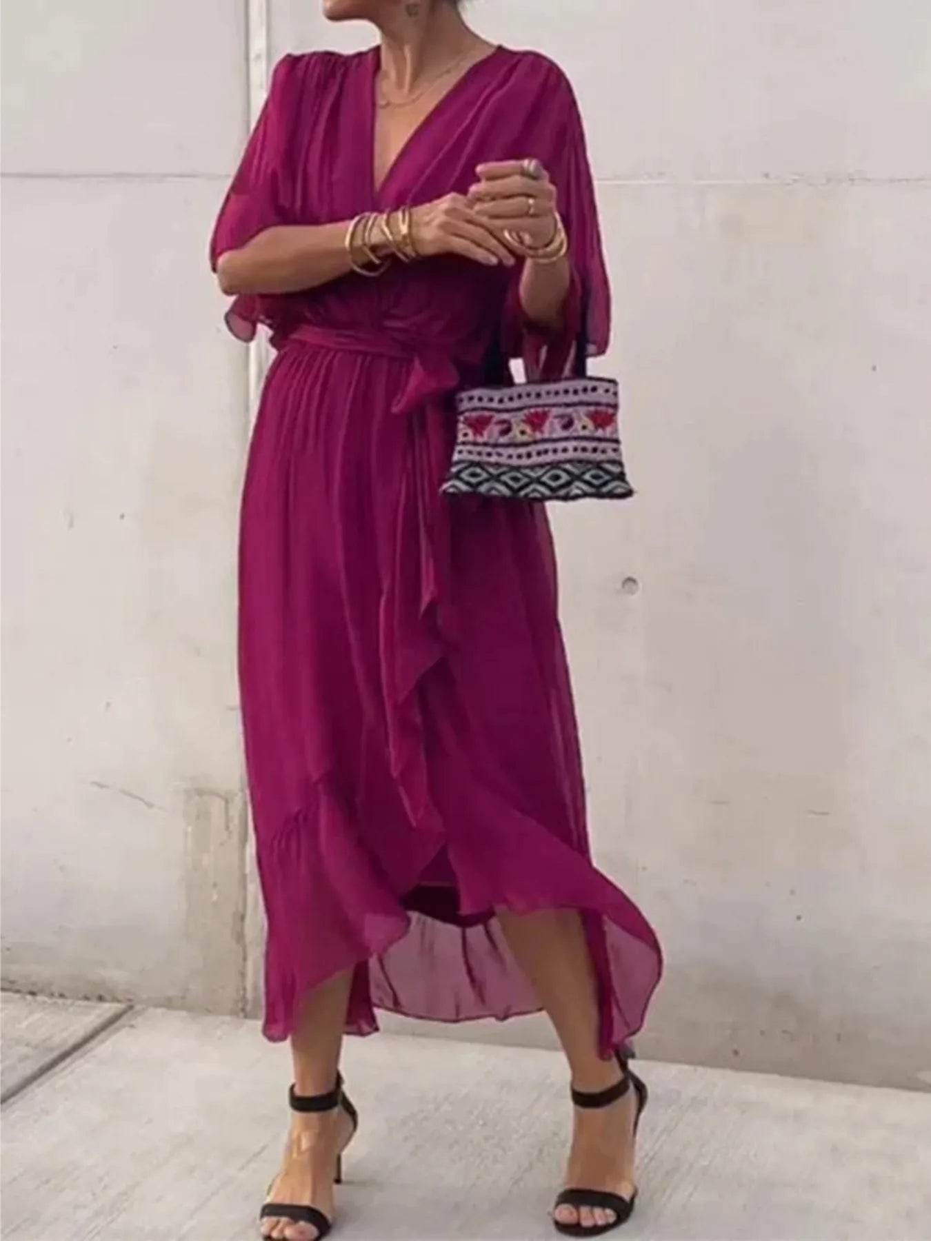 Plus Size Full Size Flowy Tie Front Midi Dress.