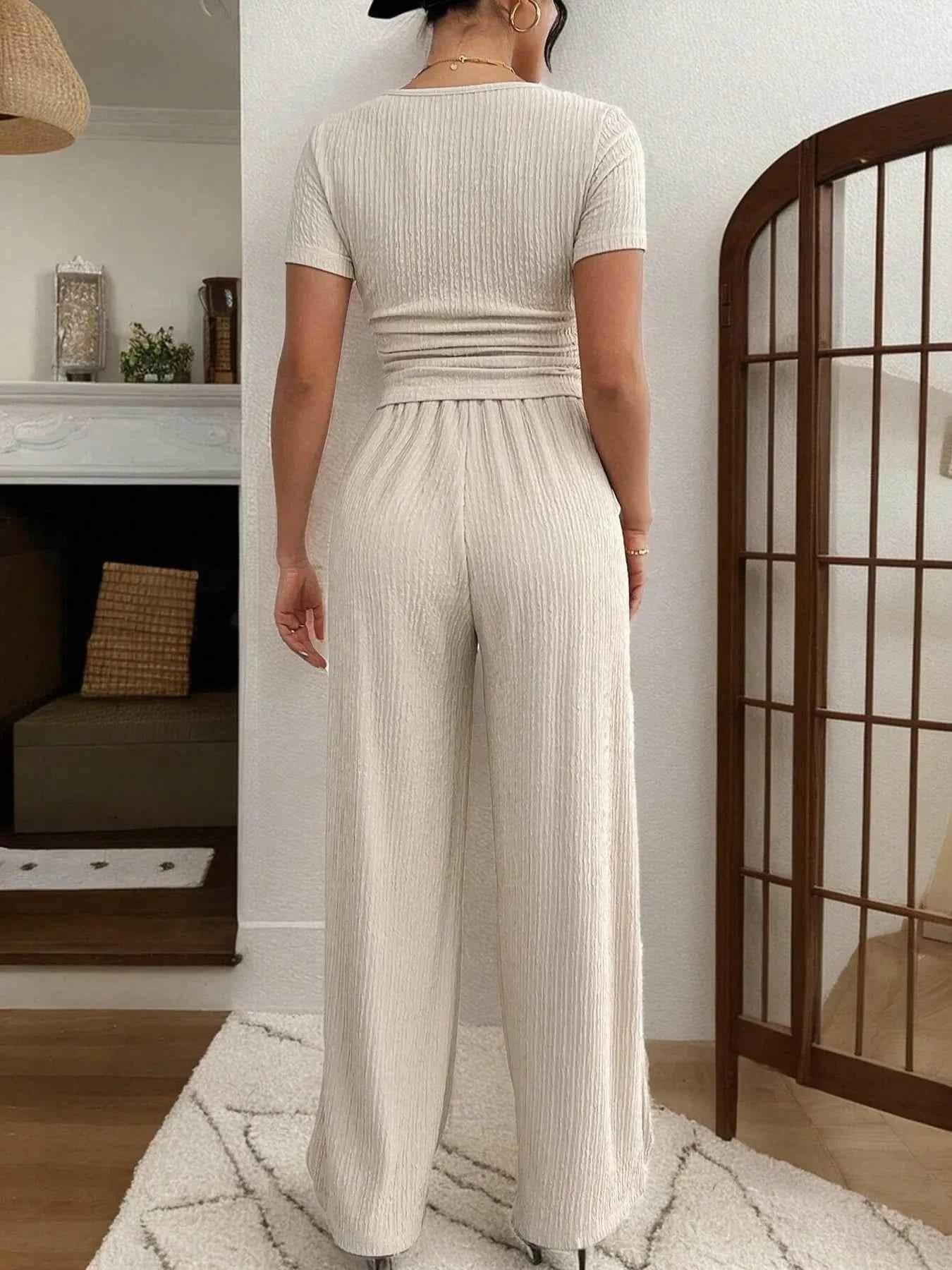 Ribbed Smocked Top and Pants Set for Effortless Style and Comfort - EBYNN