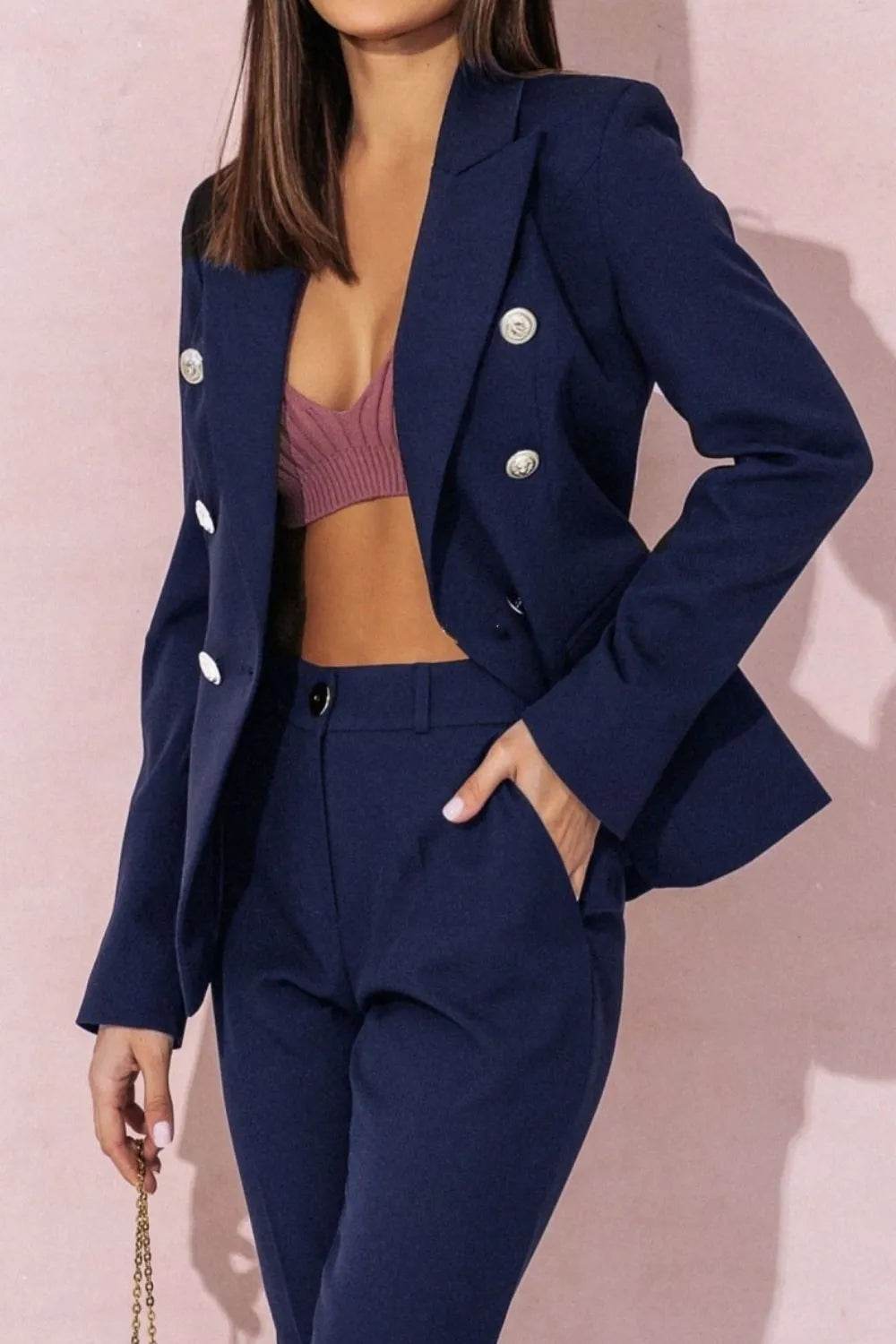 Plus Size Full Size Lapel Collar Blazer and Pants Set - EBYNN