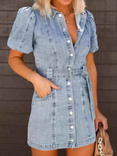 Button-Up Puff Sleeve Denim Shirt Dress.