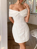 Bow Off-Shoulder Textured Mini Dress.