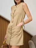 Button-Front Sleeveless Mini Dress with Tie Waist.
