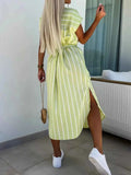 Striped Tie Waist Short Sleeve Dress.