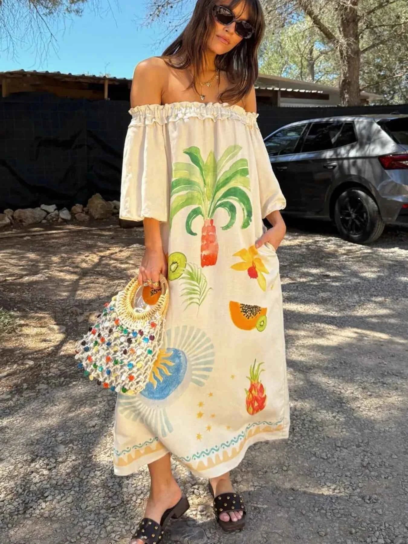 Frill Printed Off-Shoulder Dress.