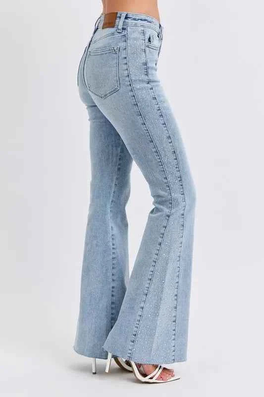 Judy Blue Plus Size Mid Rise Flare Jeans with Rhinestone Detail.